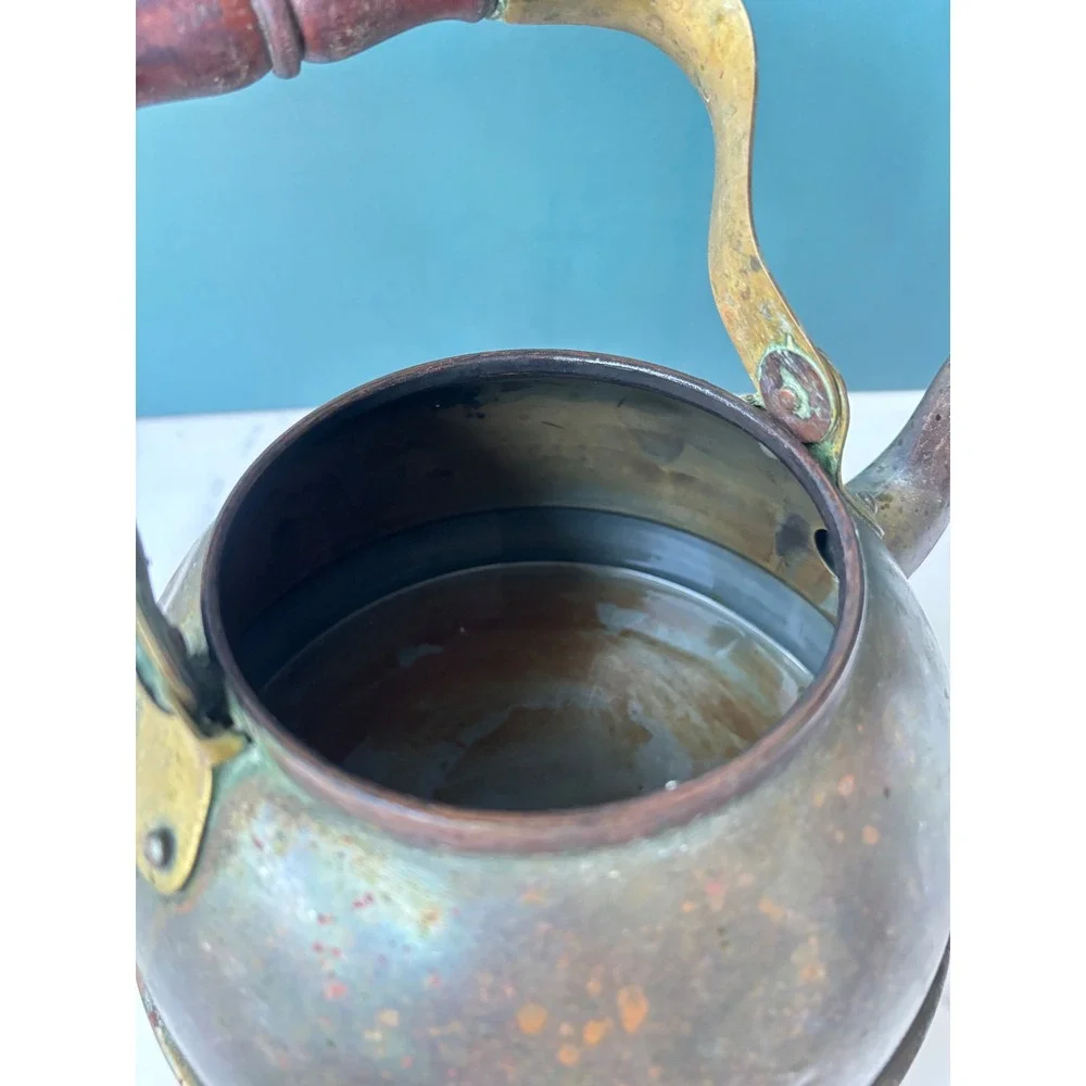 Vintage Copper Tea Kettle Vintage Brass Handle Wood Grip Primitive Rustic Decor